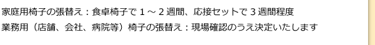 家庭用椅子の張替え：食卓椅子で1～2週間、応接セットで3週間程度業務用（店舗、会社、病院等）椅子の張替え：現場確認のうえ決定いたします